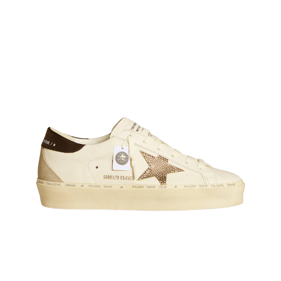 GWF00119-F006532-10321 (W) Golden Goose Hi Star Swarovski Crystal Star Black Leather Heel Tab Sneakers White