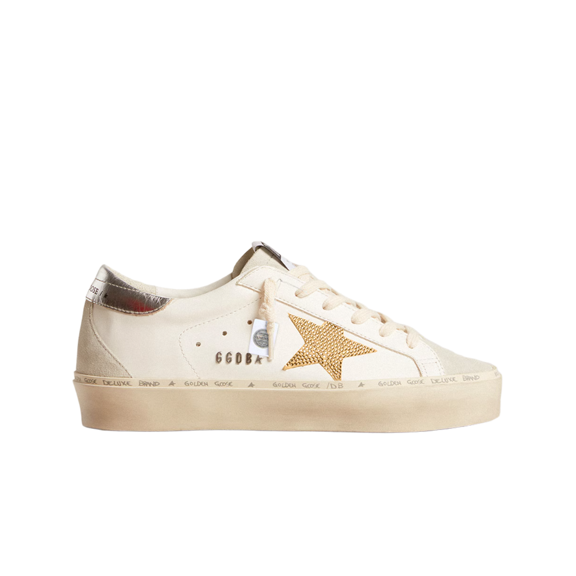 GWF00119-F005855-10417 (W) Golden Goose Hi Star Gold Swarovski Crystal Star Silver Metallic Leather Heel Tab Sneakers White