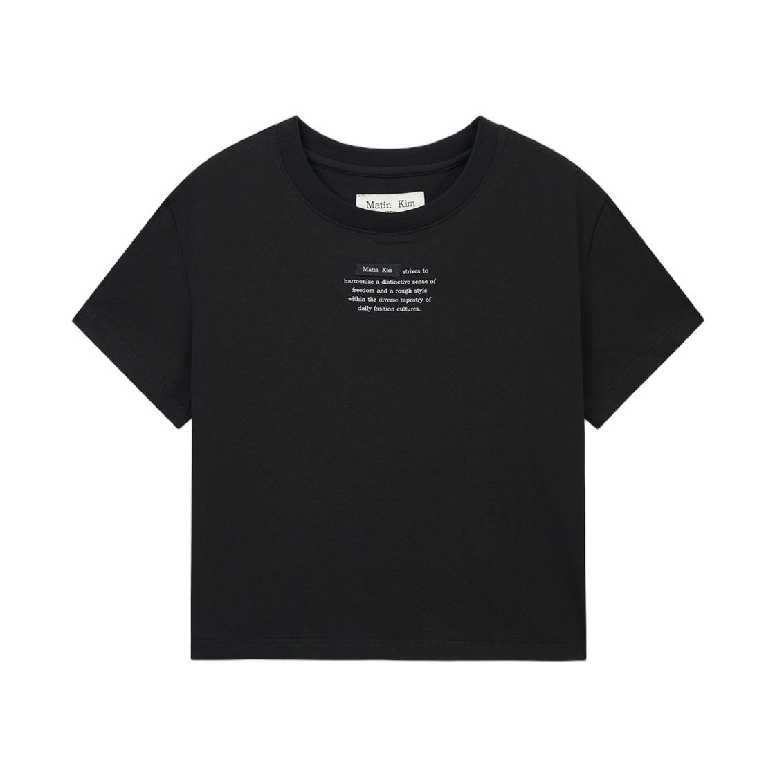 (W) 마뗑킴 라벨 포인트 레터링 크롭 탑 블랙((W) Matin Kim Label Point Lettering Crop Top In Black) - 1