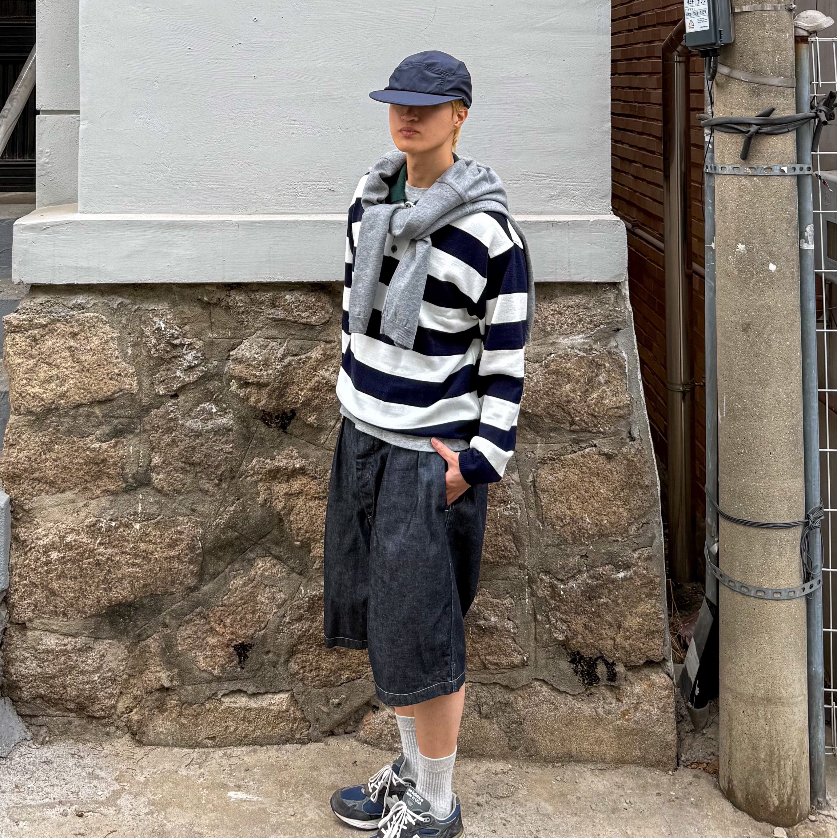 Knitted Stripe Rugby Collar Knit Navy, New Balance 992 Made in USA Core Navy 착용 스타일 - 2