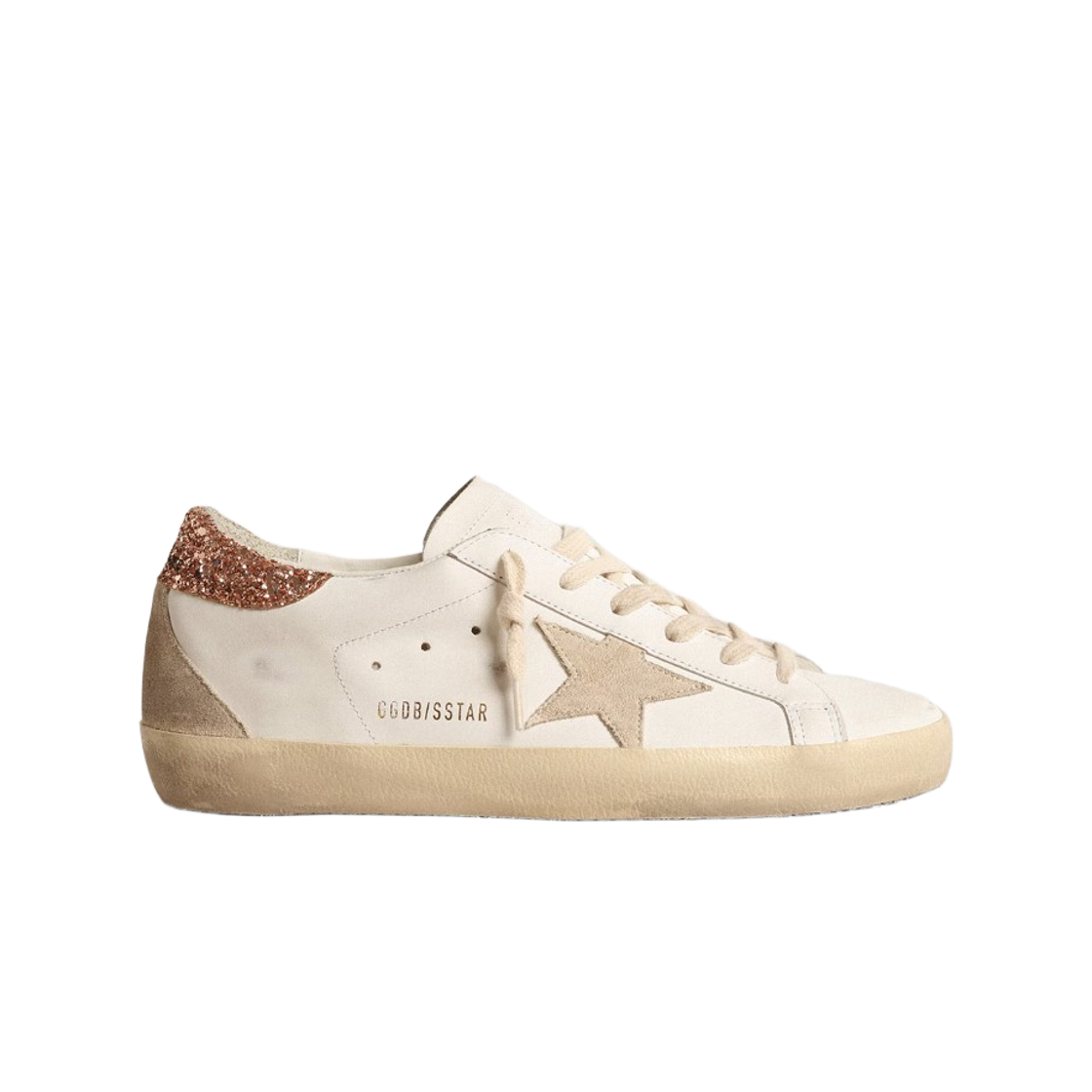 GWF00102-F004489-11471 (W) Golden Goose Superstar Beige Suede Star Peach Pink Glitter Heel Tab Sneakers White
