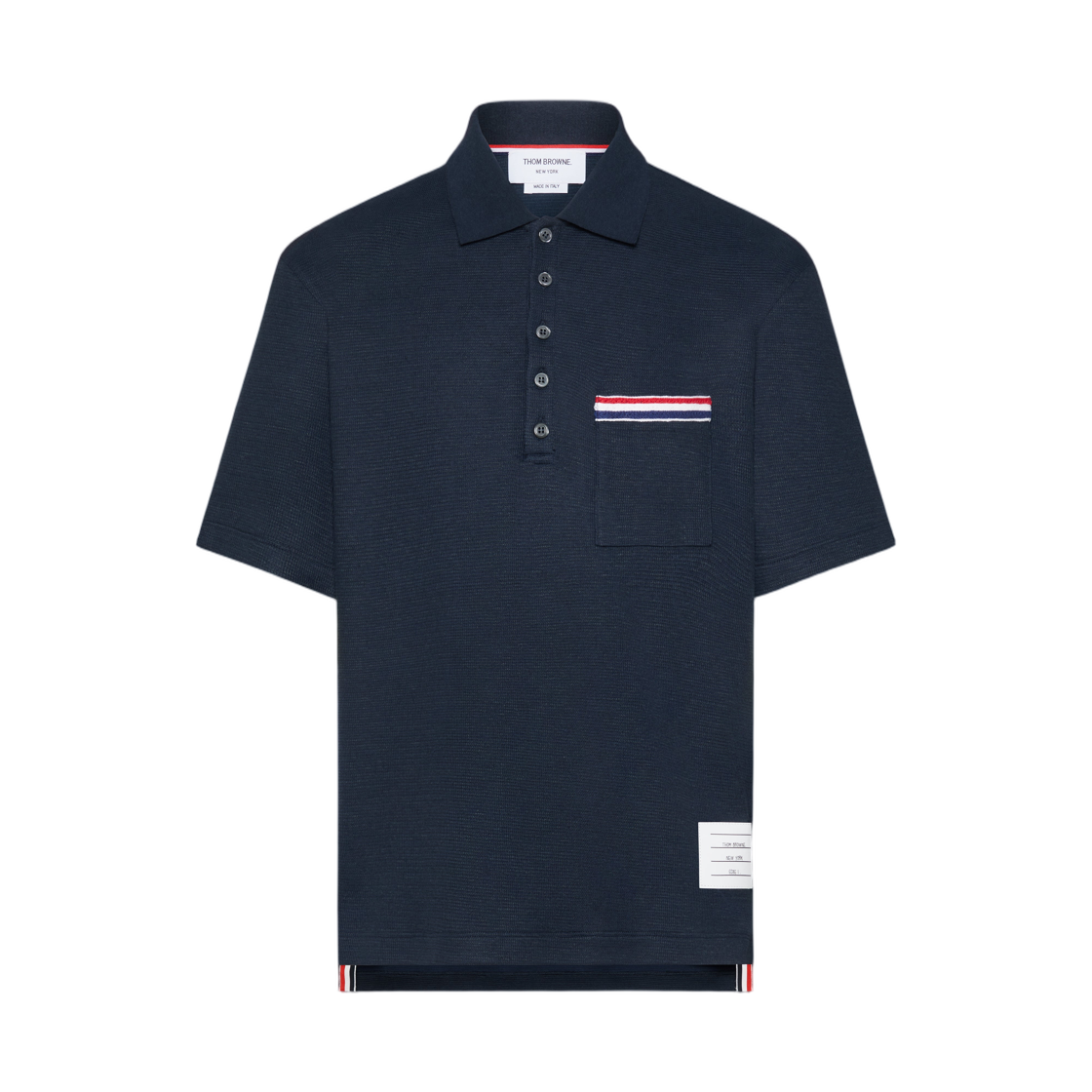 MJP244E-J0251-415 Thom Browne Textured Cotton Linen RWB Embroidery Polo Navy
