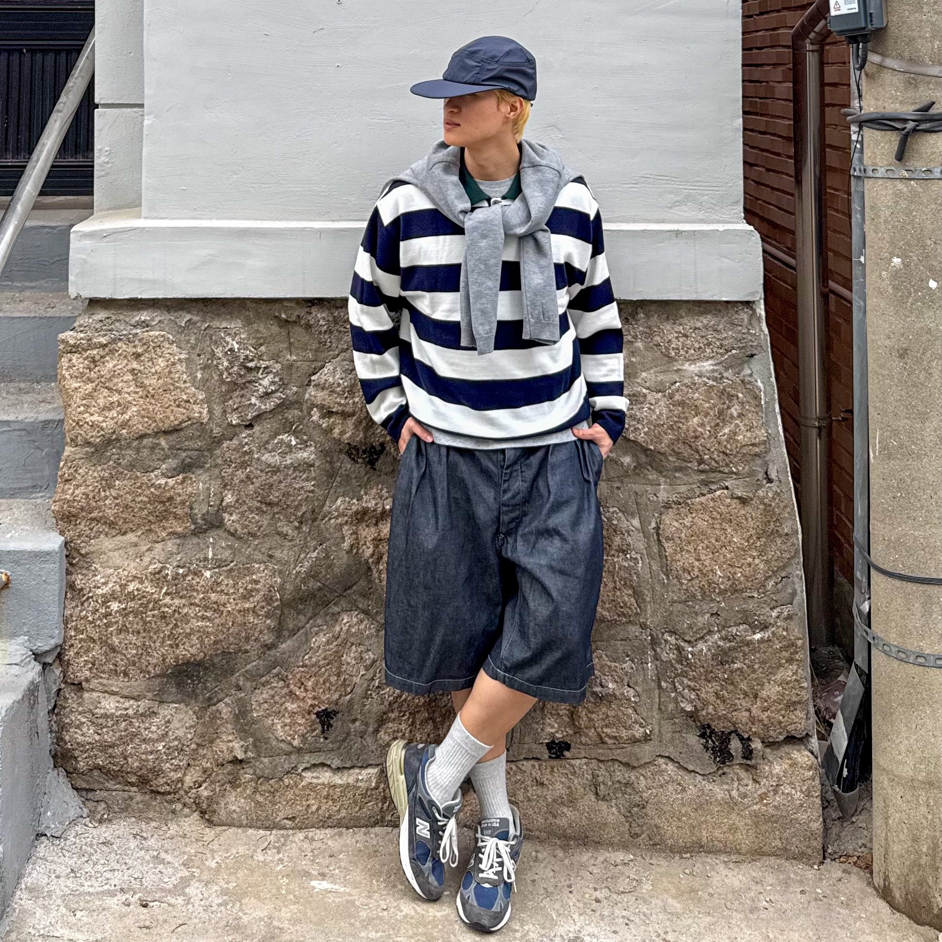 Knitted Stripe Rugby Collar Knit Navy, New Balance 992 Made in USA Core Navy 착용 스타일 - 1