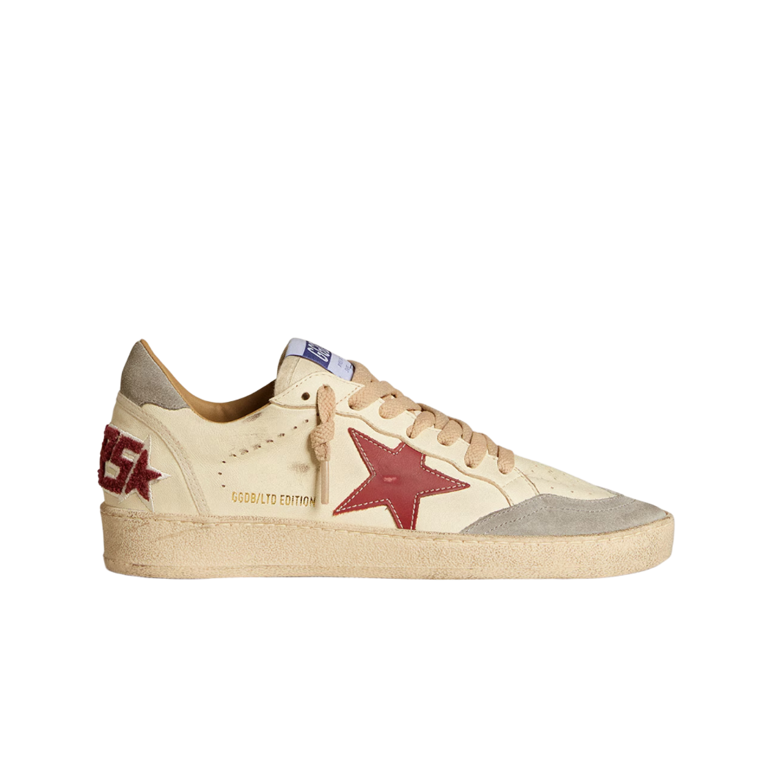 GWF00117-F006531-10423 (W) Golden Goose Ball Star Red Leather Star Silver Suede Heel Tab Sneakers White