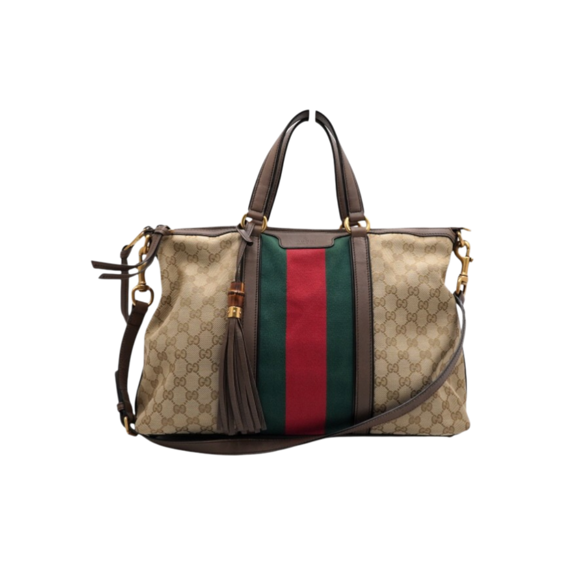 ITLLPKBSTG9N Gucci GG Logo Canvas Brown Leather Trimmed Tassel Tote & Shoulder Bag