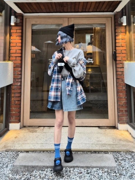 QT8 GARMENTS Rustic Core Flannel Check Shirt Blue 착용 스타일 - 3