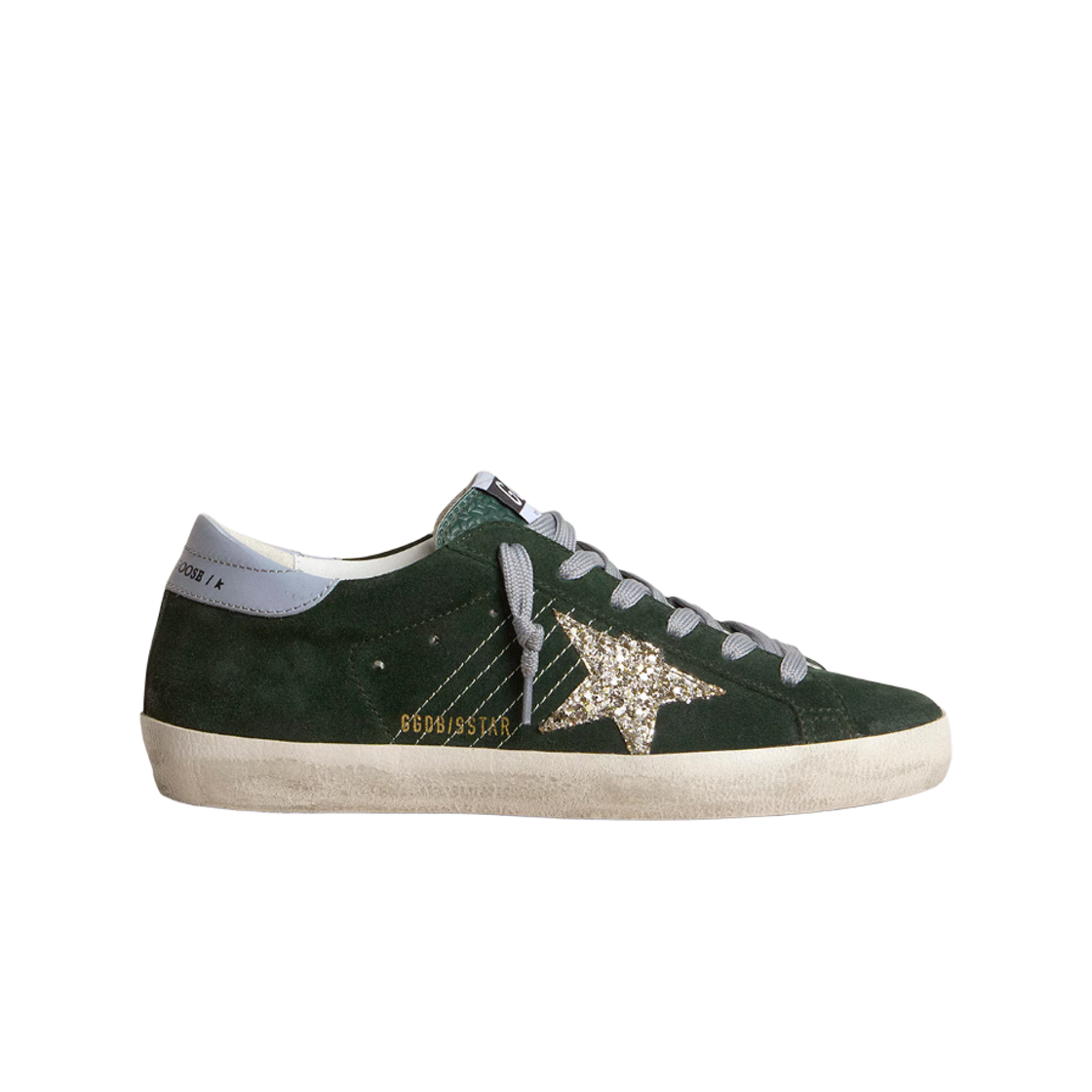 GWF00101-F007200-35923 (W) Golden Goose Superstar Silver Glitter Star Grey Leather Heel Tab Sneakers Green