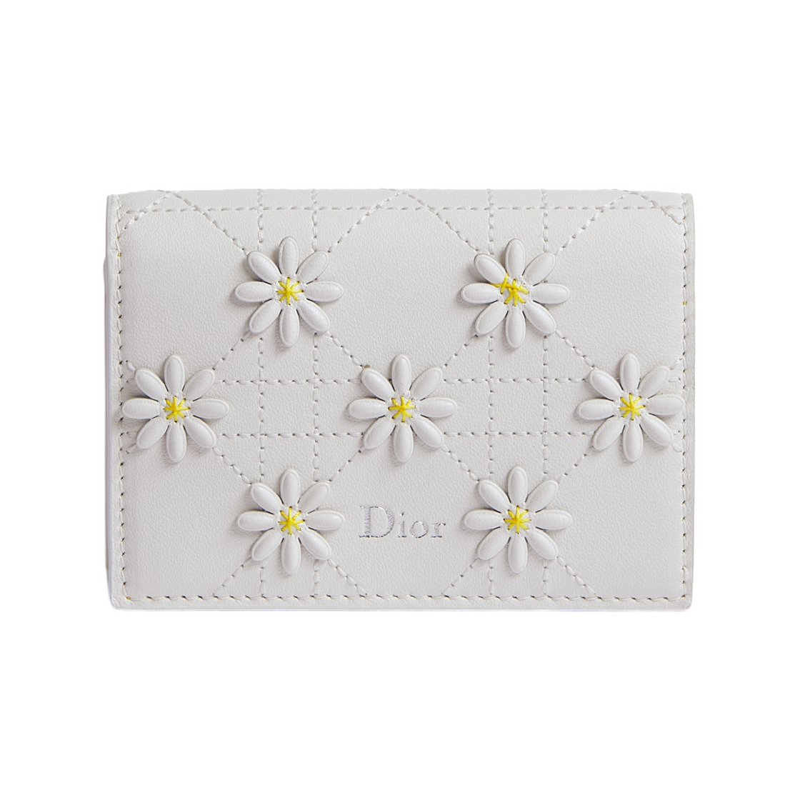 S2405PUKK-M933 Dior Jardin Bloom Card Holder Dior Daisy Embroidered Cannage Lambskin White