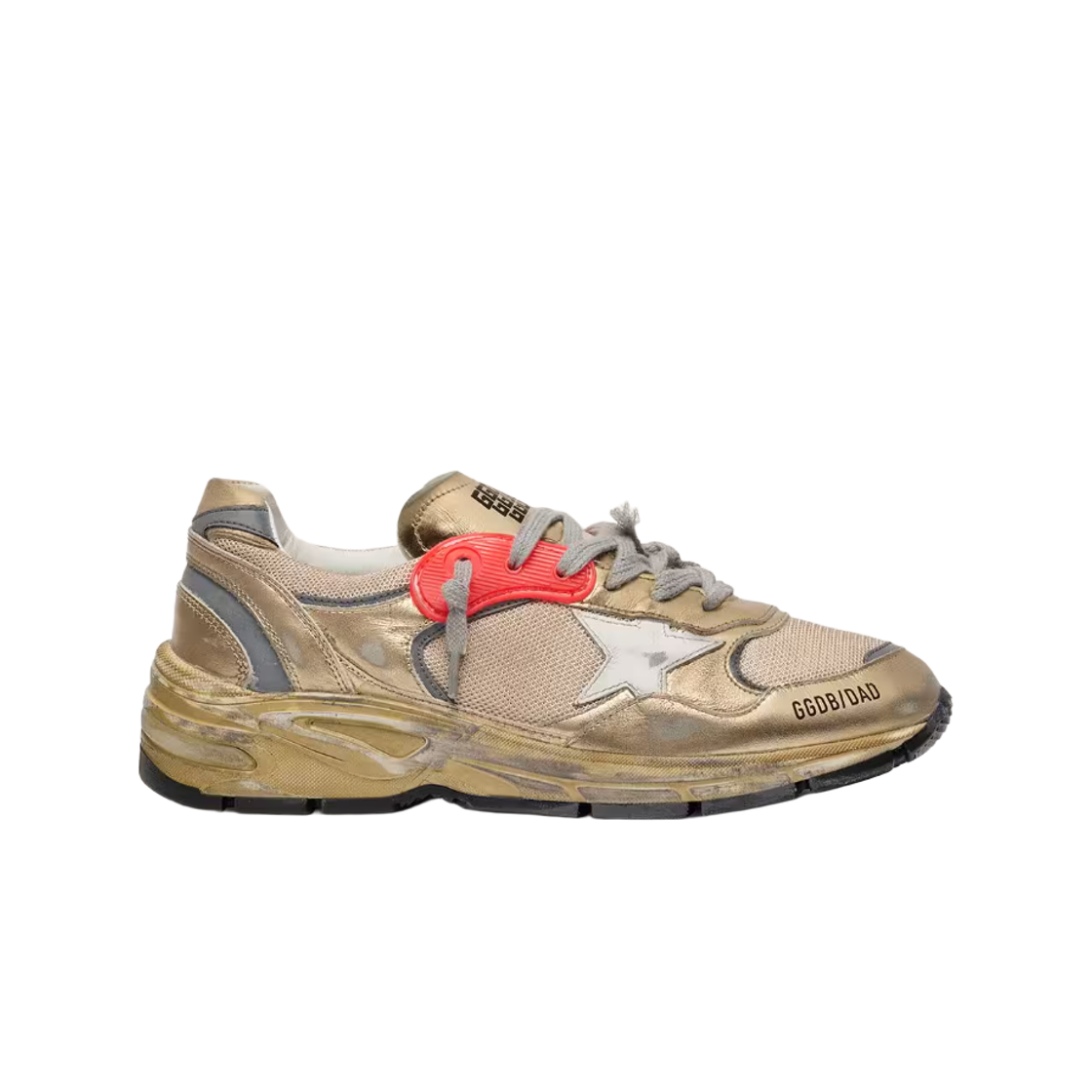 GWF00884-F001211-65120 (W) Golden Goose Dad-Star Off White Leather Star Gold Laminated Leather Heel Tab Sneakers Gold