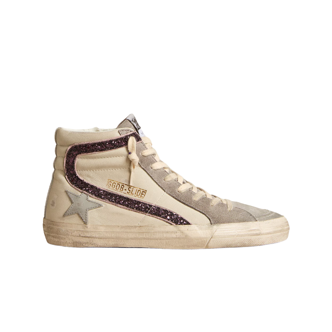 GWF00115-F005906-82661 (W) Golden Goose Slide Grey Leather Star Heel Tab Wine Glitter Flash Sneakers White