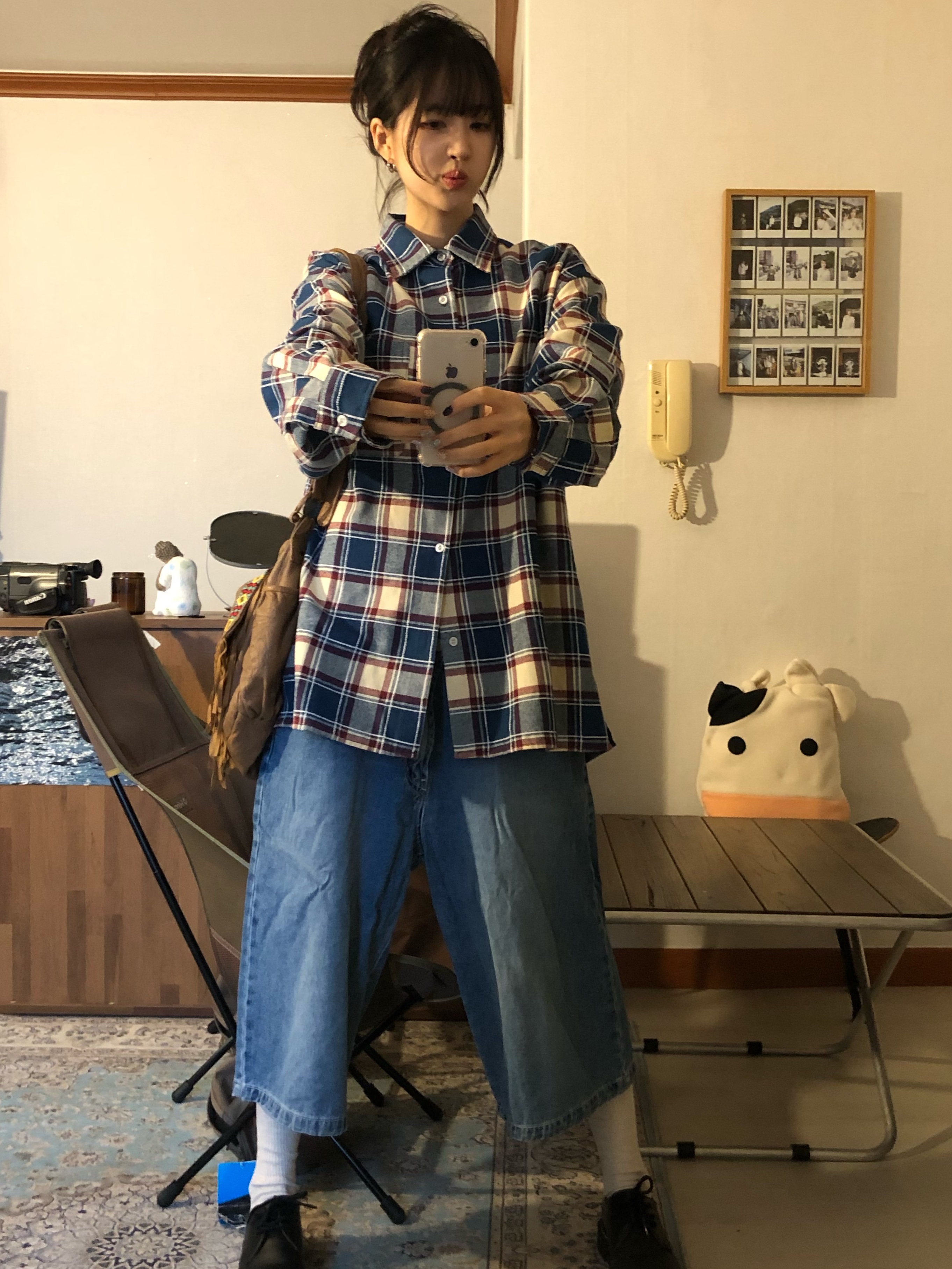 QT8 GARMENTS Rustic Core Flannel Check Shirt Blue 착용 스타일 - 2