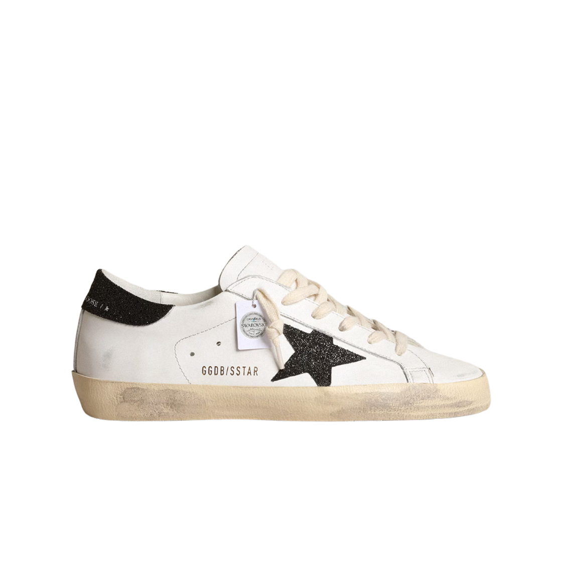 GWF00101-F003974-10283 (W) Golden Goose Superstar Black Swarovski Crystal Star Heel Tab Sneakers White