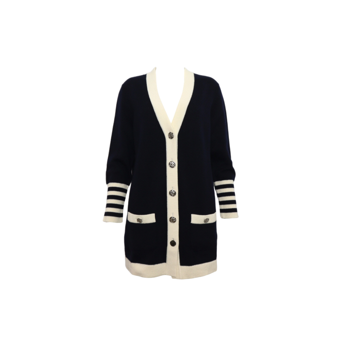 IT8SJJTHUHWD Chanel Navy Stripe Cashmere Pocket Cardigan