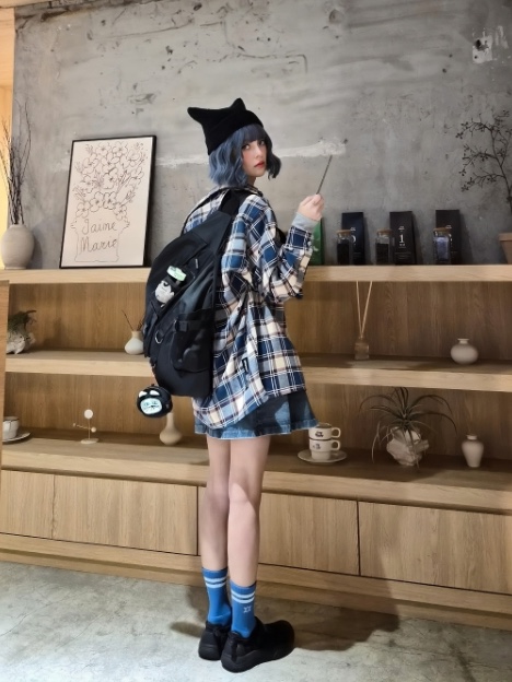 QT8 GARMENTS Rustic Core Flannel Check Shirt Blue 착용 스타일 - 4