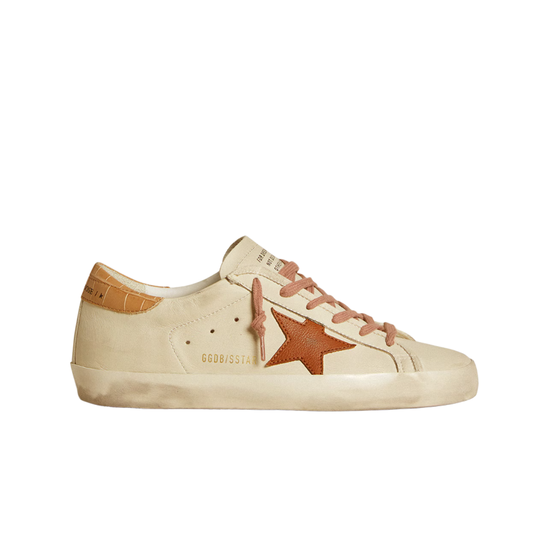 GWF00101-F006546-12117 (W) Golden Goose Superstar Brown Leather Star Beige Crocodile Print Leather Heel Tab Sneakers Talc