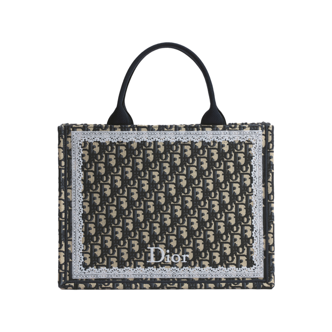 M1354PEHT-M928 Dior Medium Dior Book Tote With Strap Dior Oblique Embroidery And White Lace Blue