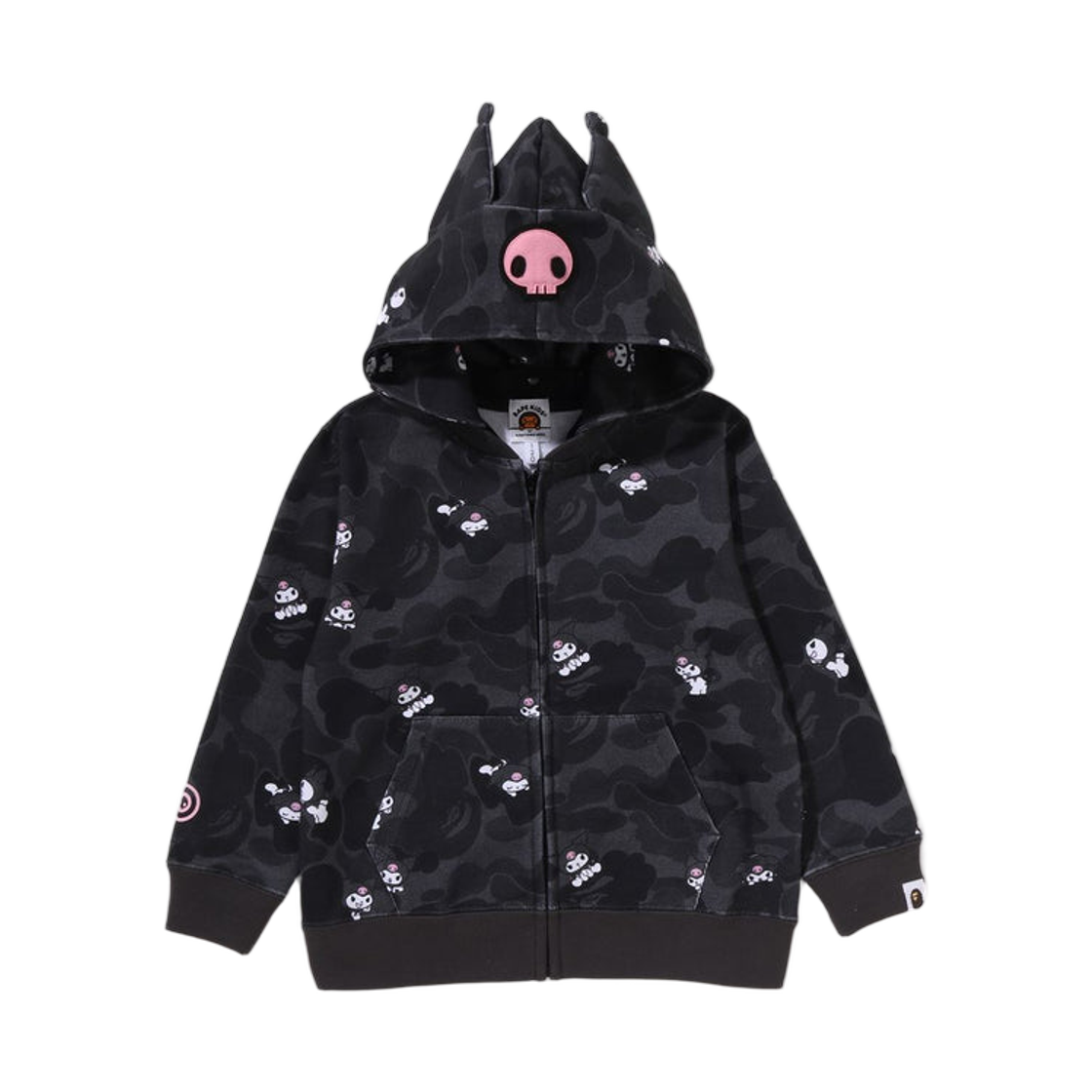 (키즈) 베이프 x 산리오 캐릭터즈 쿠로미 카모 풀 집 후드 블랙 블랙((Kids) BAPE x Sanrio Characters Kuromi Camo Full Zip Hoodie Black Black) - 2