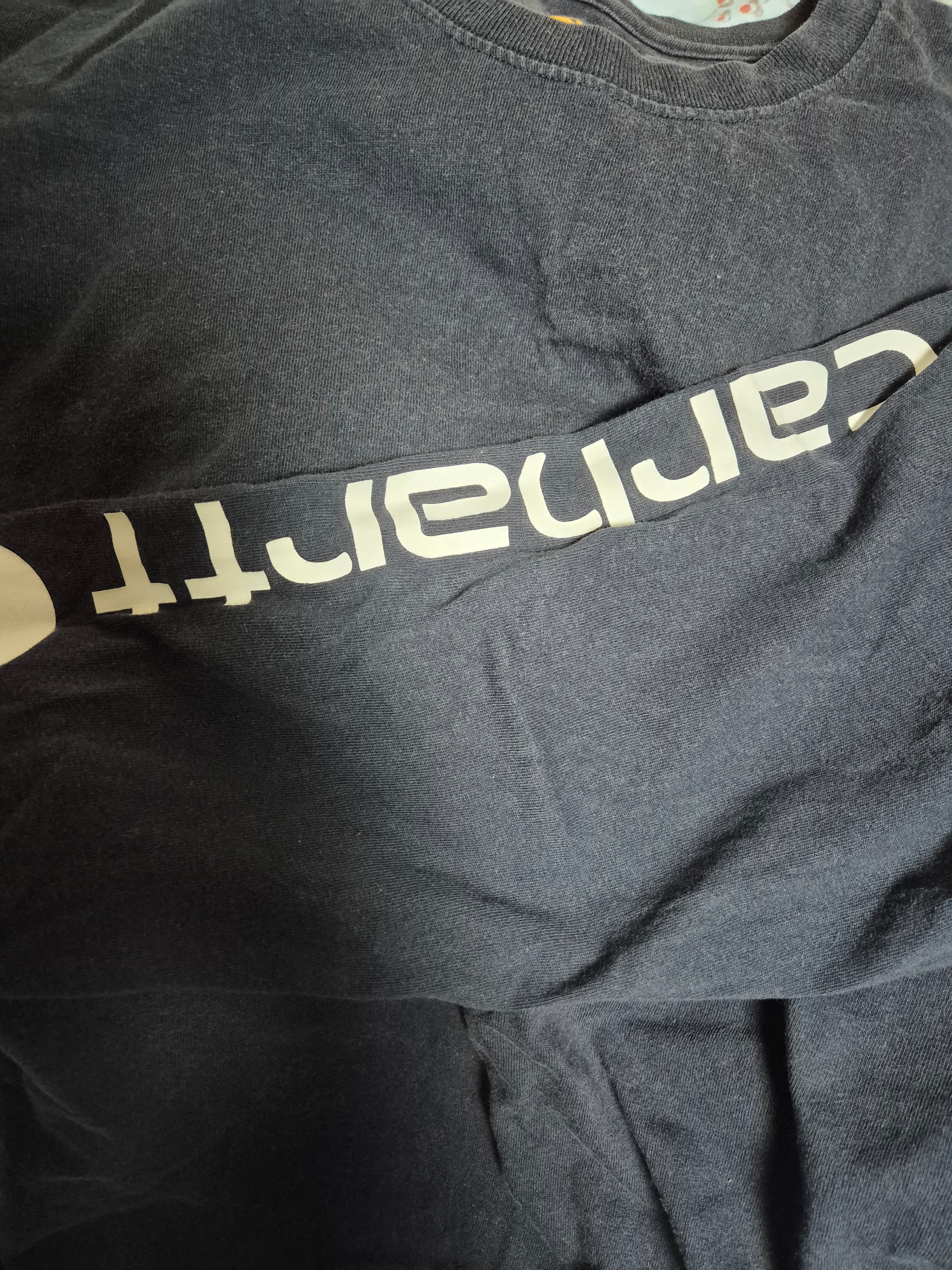 Carhartt Loose Fit Heavyweight Regular Logo Sleeve Graphic Long Sleeve T-Shirt Navy 착용 스타일