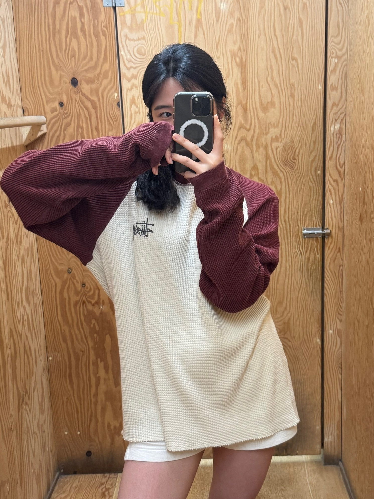 Stussy Basic Stussy Thermal 2 Tone LS T-Shirt Off White 착용 스타일