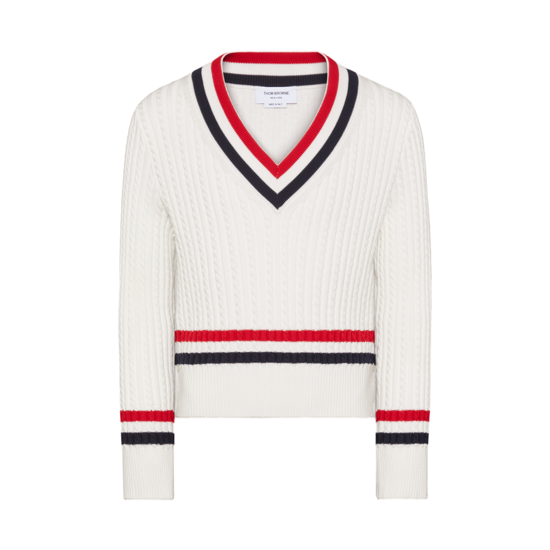 MKA581A-Y3014-100 Thom Browne RWB Stripe Cricket Pullover White