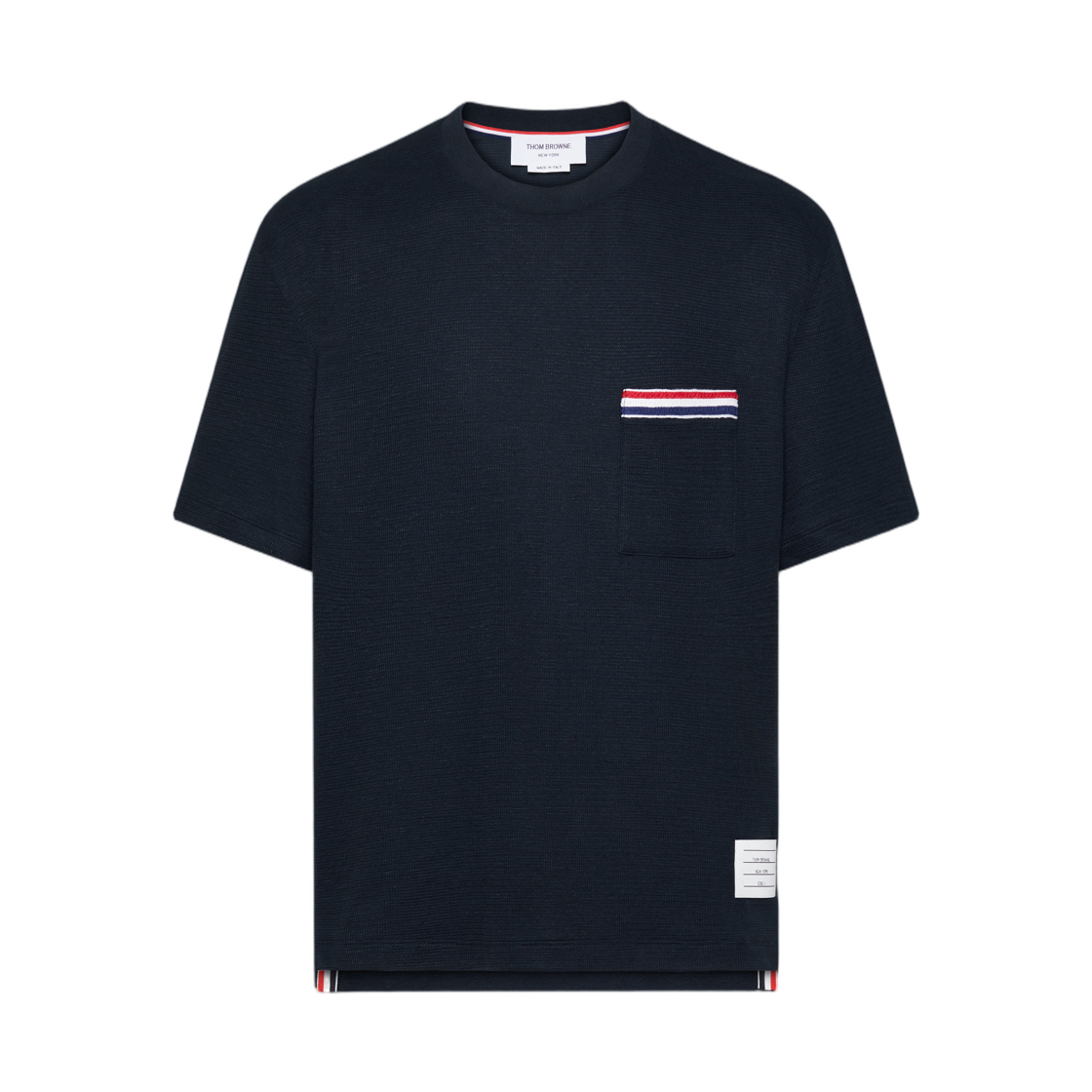 MJS298E-J0251-415 Thom Browne Textured Cotton Linen RWB Embroidery Tee Navy