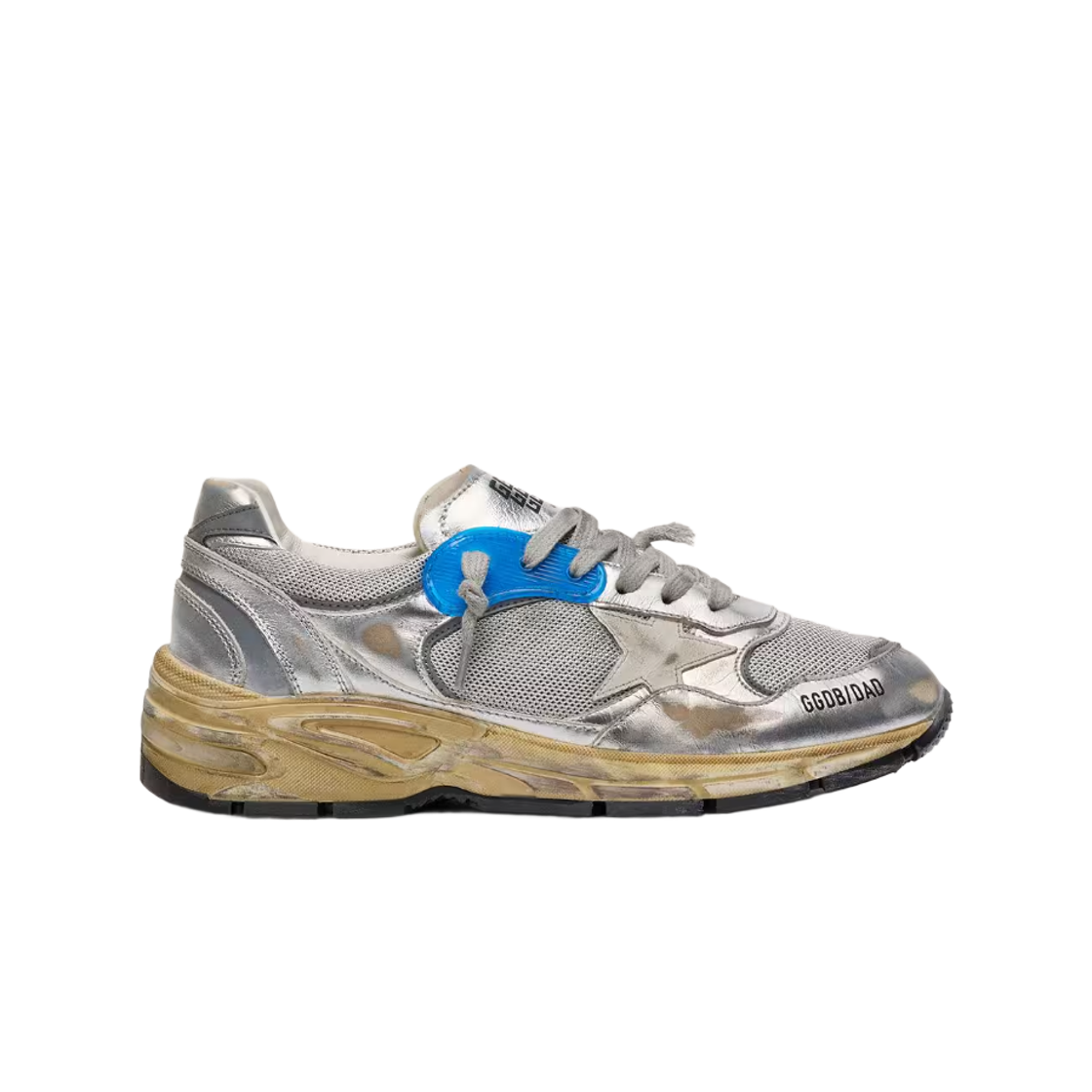 GWF00884-F001211-70137 (W) Golden Goose Dad-Star Off White Leather Star Silver Laminated Leather Heel Tab Sneakers Silver