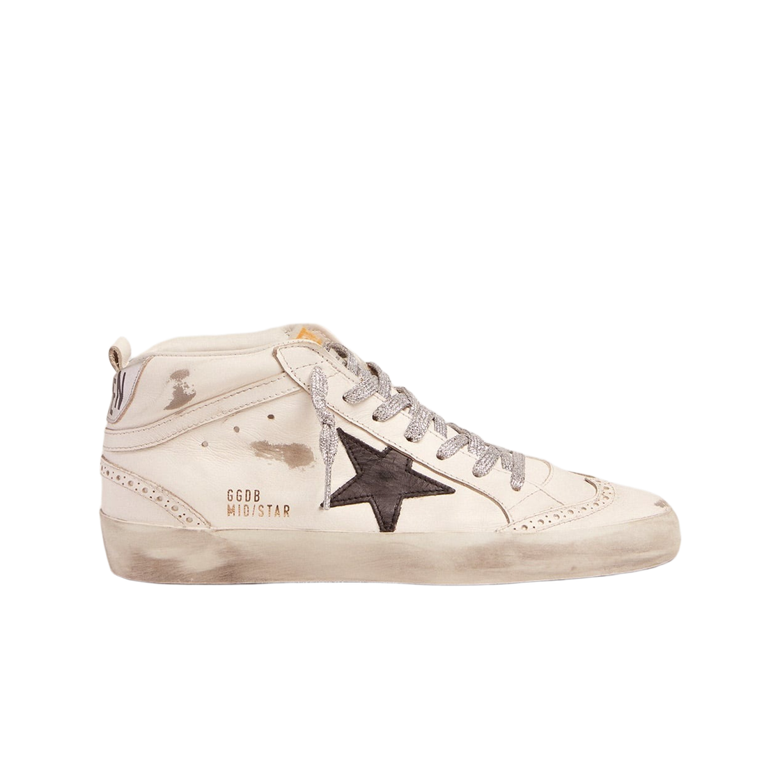 GWF00122-F001249-10238 (W) Golden Goose Mid Star Sneakers with Laminated Heel Tab Glitter Laces White