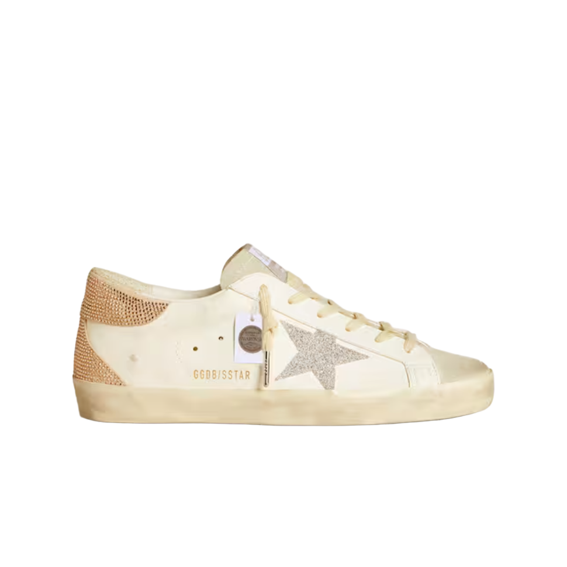 GWF00102-F006519-12111 (W) Golden Goose Superstar Silver Swarovski Crystal Star Pink Heel Tab Sneakers White