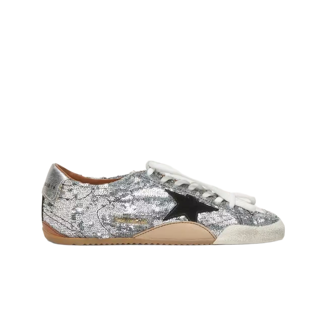 GWF00922-F007384-70330 (W) Golden Goose True Star Sequins Black Star Silver Leather Heel Tab Sneakers Silver