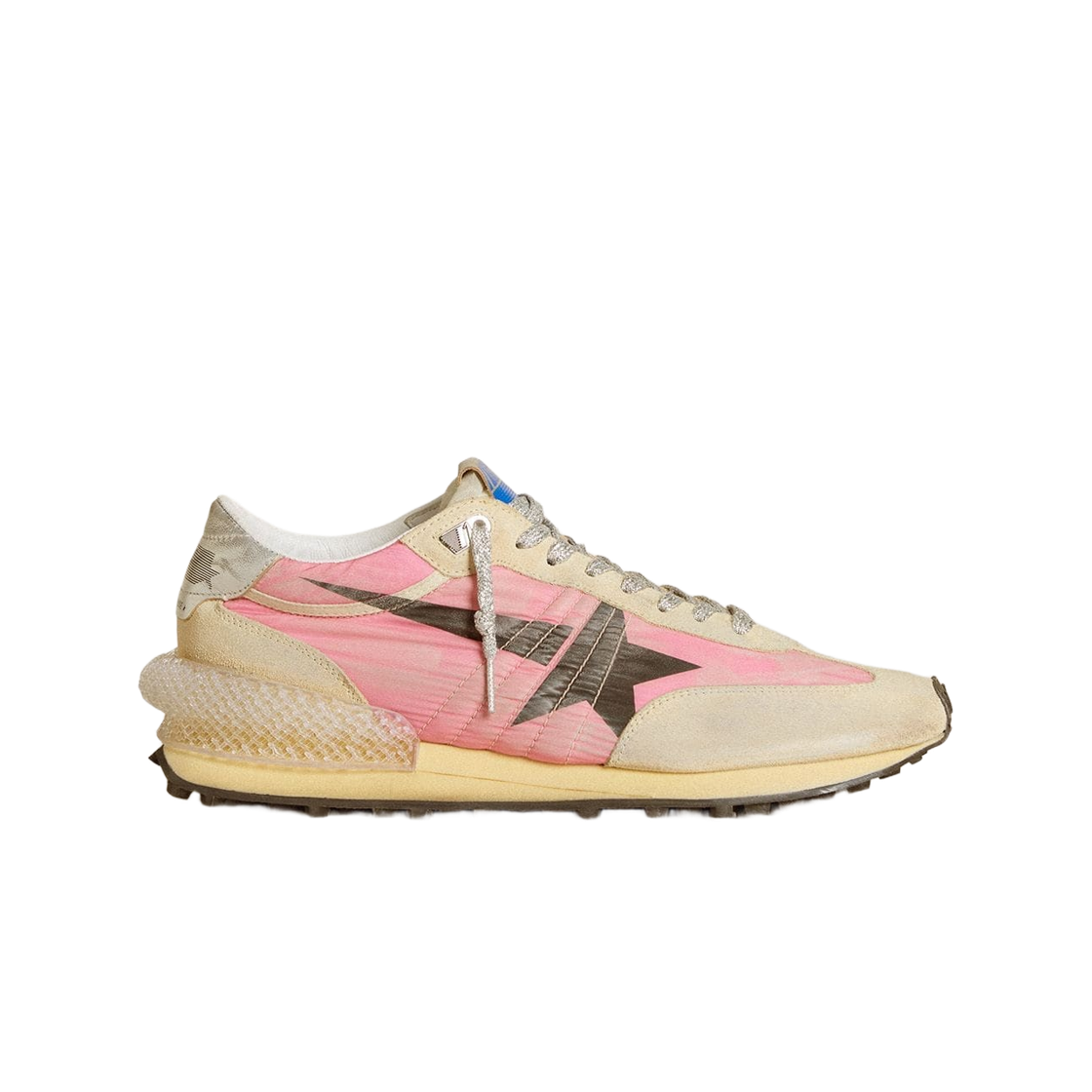 GMF00684-F006720-25751 Golden Goose Marathon in Black Print Star with Pink Nylon Suede Sneakers Gold