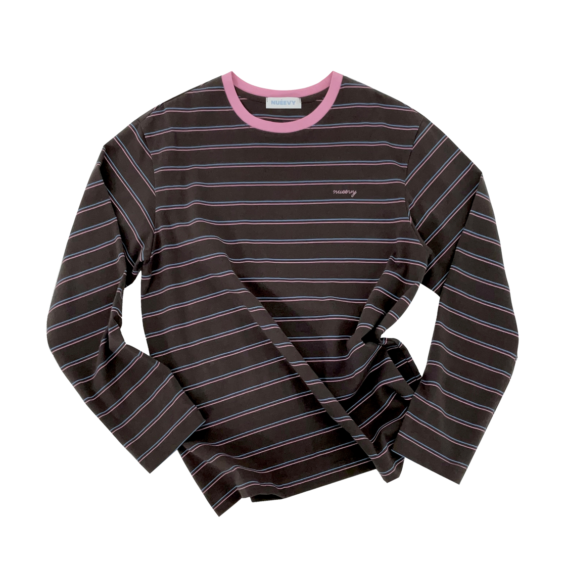 누이비 루즈 스트라이프 티셔츠 브라운&핑크(Nueevy Loose Stripe T-Shirt Brown&Pink)