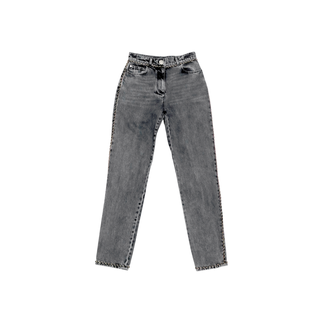 ITGJ5LP7CP6V Chanel Size 34 Black Denim Chain Pants
