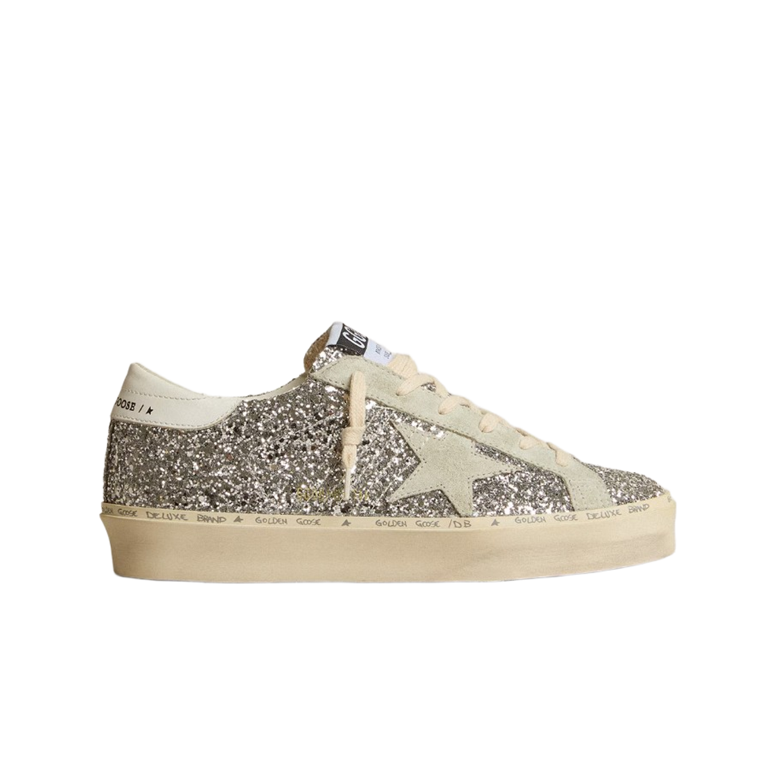 GWF00118-F005100-70287 (W) Golden Goose Hi Star Suede Star White Heel Tab Silver Glitter Sneakers Silver