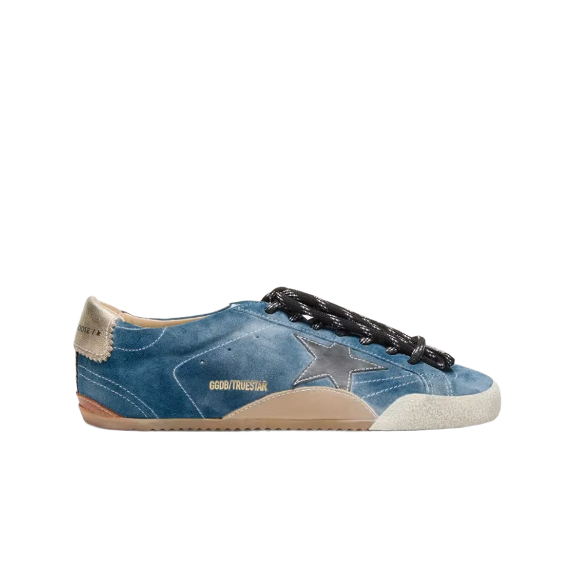 GWF00922-F007389-50928 (W) Golden Goose True Star Black Star Cream Heel Tab Teal Suede Sneakers Teal