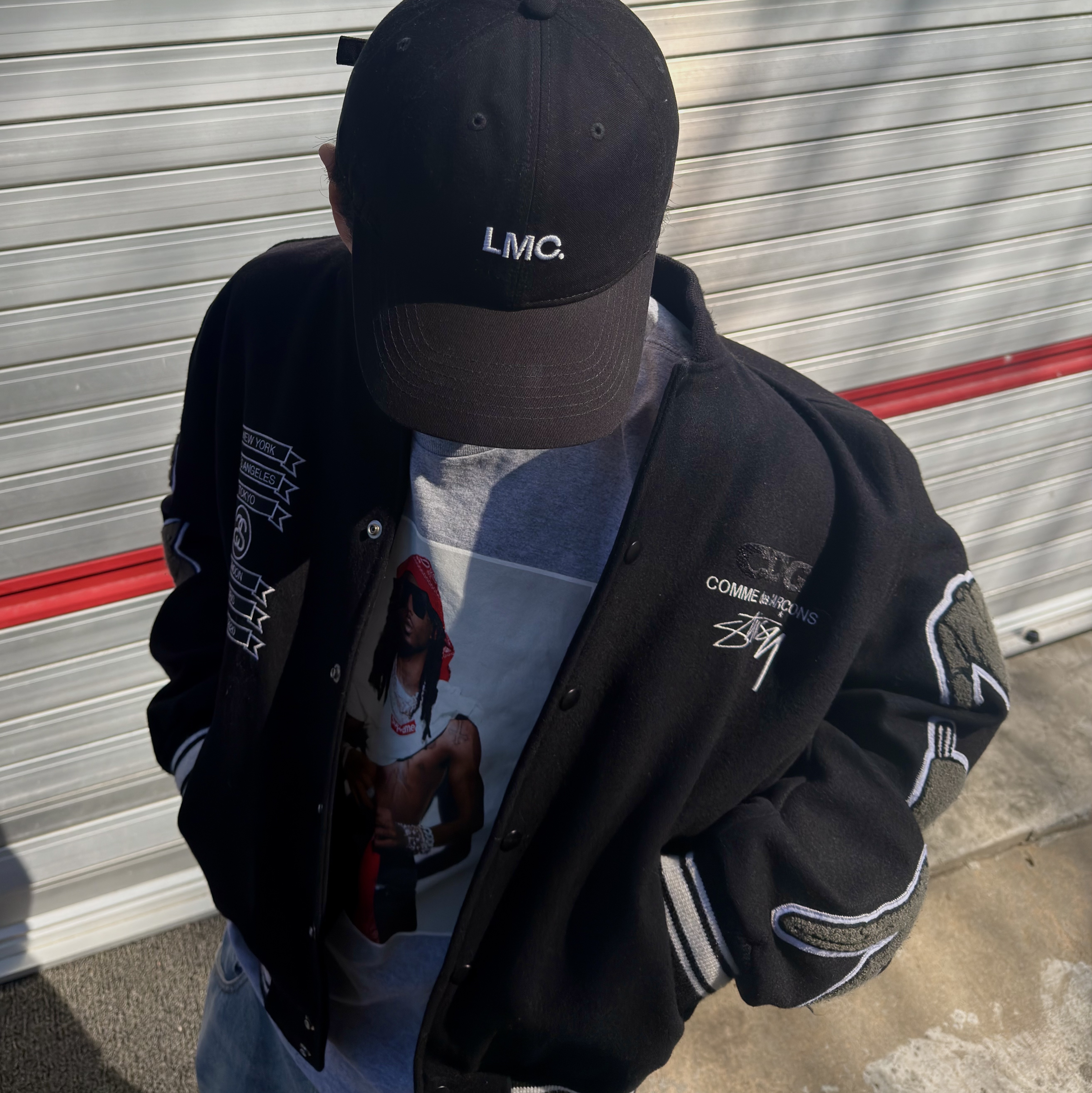 Stussy x CDG Varsity Jacket, Supreme Playboi Carti T-Shirt Heather Grey - 25FW 착용 스타일 - 1
