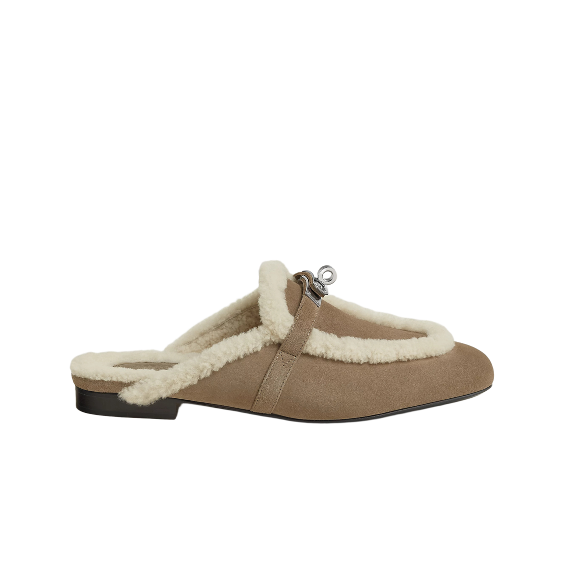 H242107ZX3 (W) Hermes Oz Mule Suede Goatskin & Palladium Etoupe Ecru