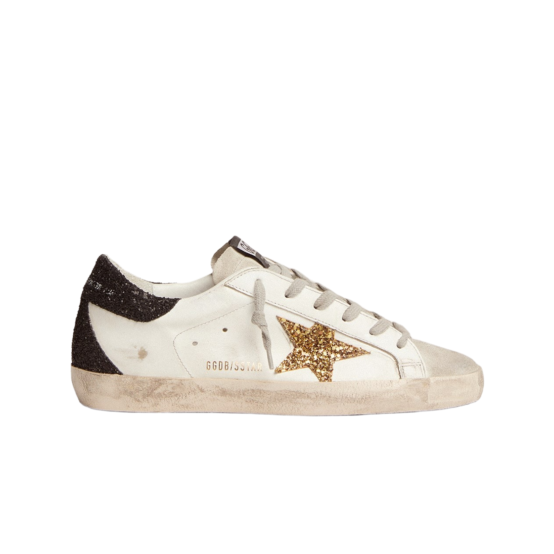 GWF00102-F000959-80724 (W) Golden Goose Superstar in Nappa Leather with Gold Glitter Star and Black Glitter Heel Tab White