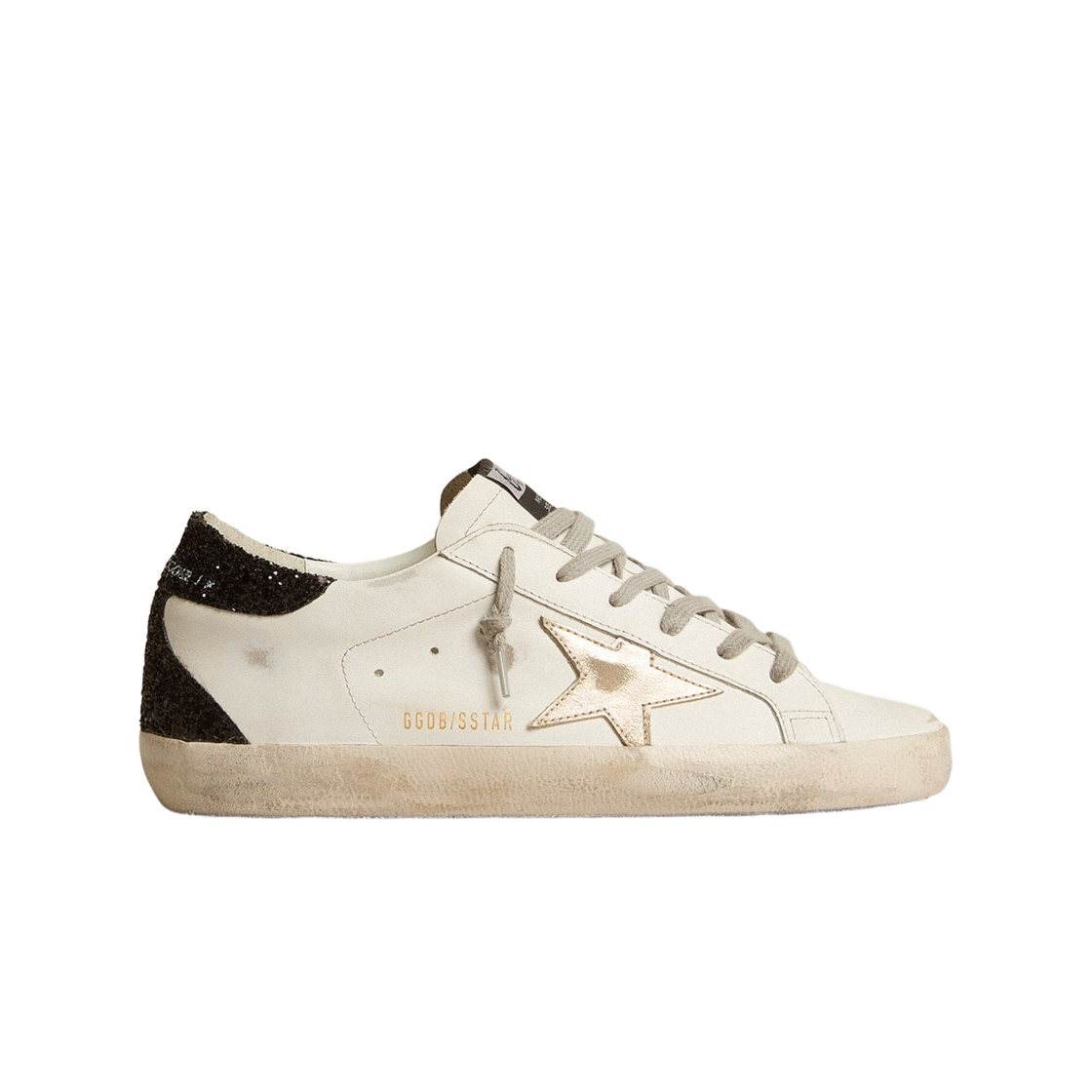 GWF00102-F005076-11538 (W) Golden Goose Superstar Gold Star Black Glitter Heel Tab Sneakers White