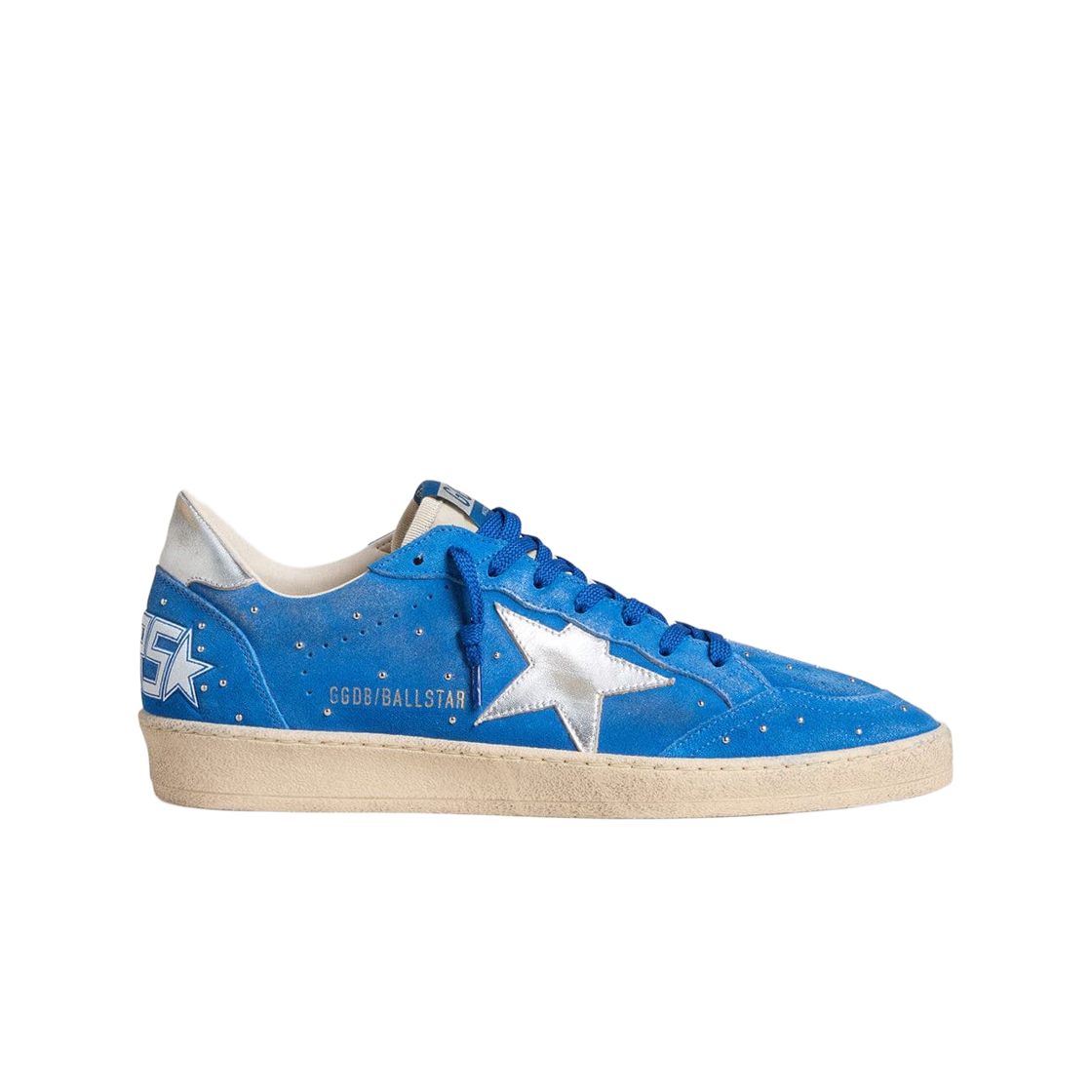 GMF00117-F007941-50571 Golden Goose Ball Star Studs Silver Metallic Leather Star Heel Tab Sneakers Light Blue