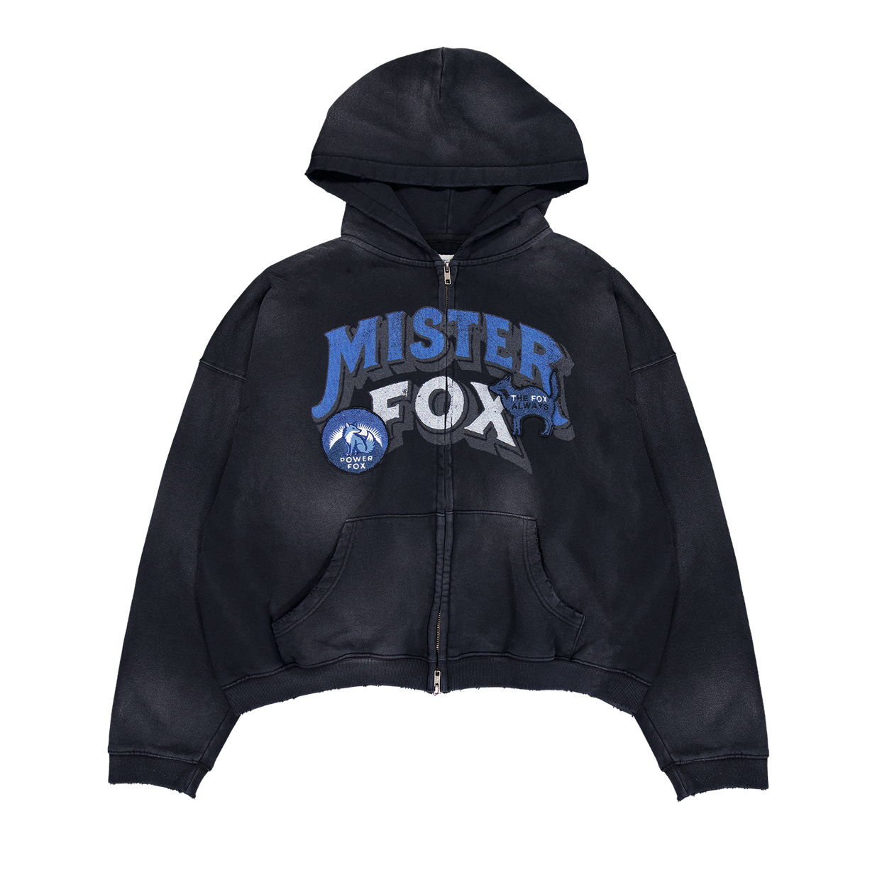 언더마이카 피오씨 미스터 폭스 부클 패치 빈티지 워시드 후드 집업 블랙(Undermycar POC Mister Fox Bouclé Patch Vintage Washed Zipped Hoodie Black)