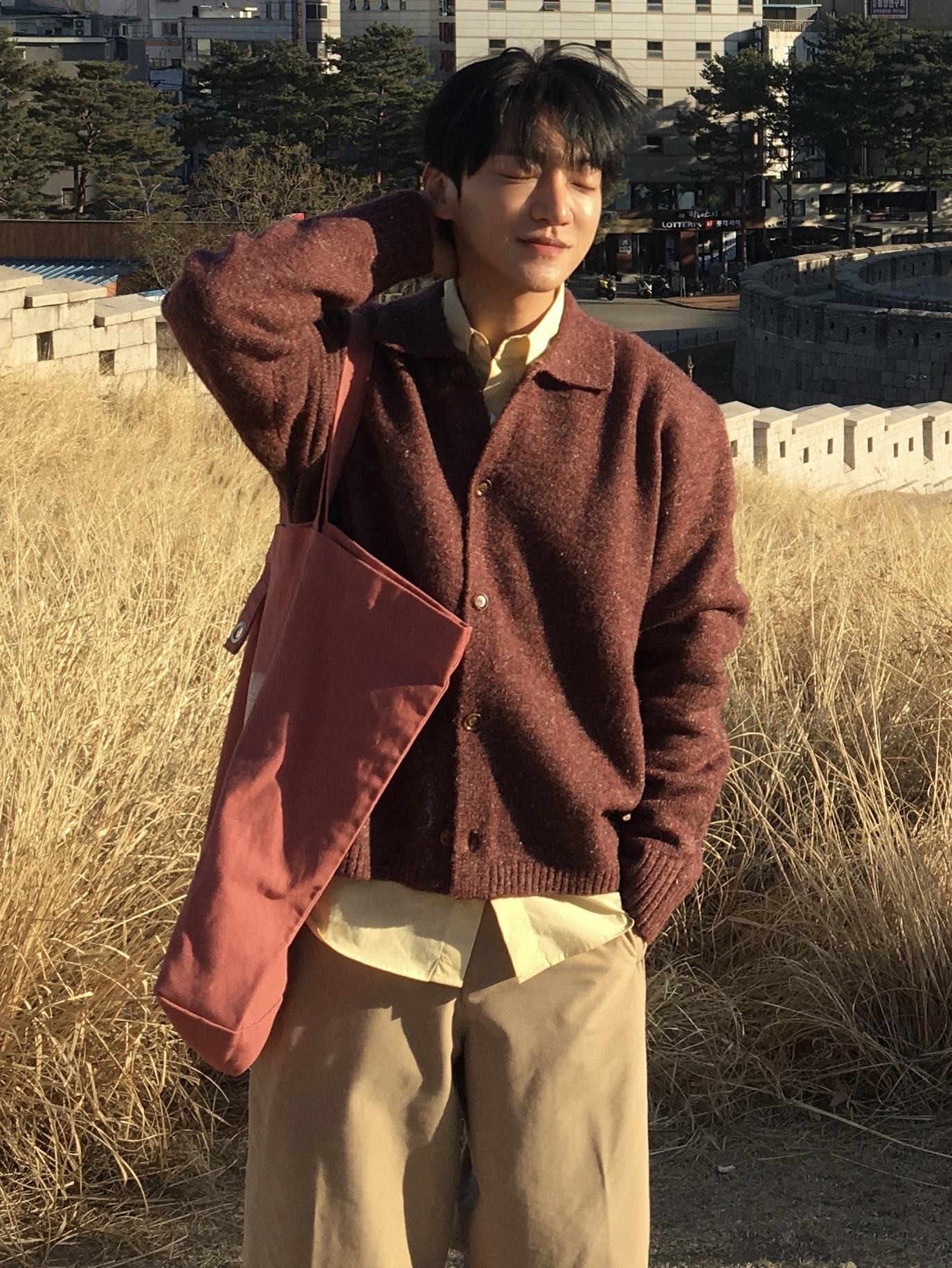 noun Nep Yarn Collar Cardigan Wine, Noun Daily Shirts Acacia 착용 스타일 - 2