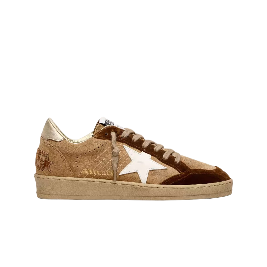 GWF00913-F007905-55715 (W) Golden Goose Ball Star White Leather Star Cognac Velvet Inserts Tobacco Suede Sneakers Tobacco