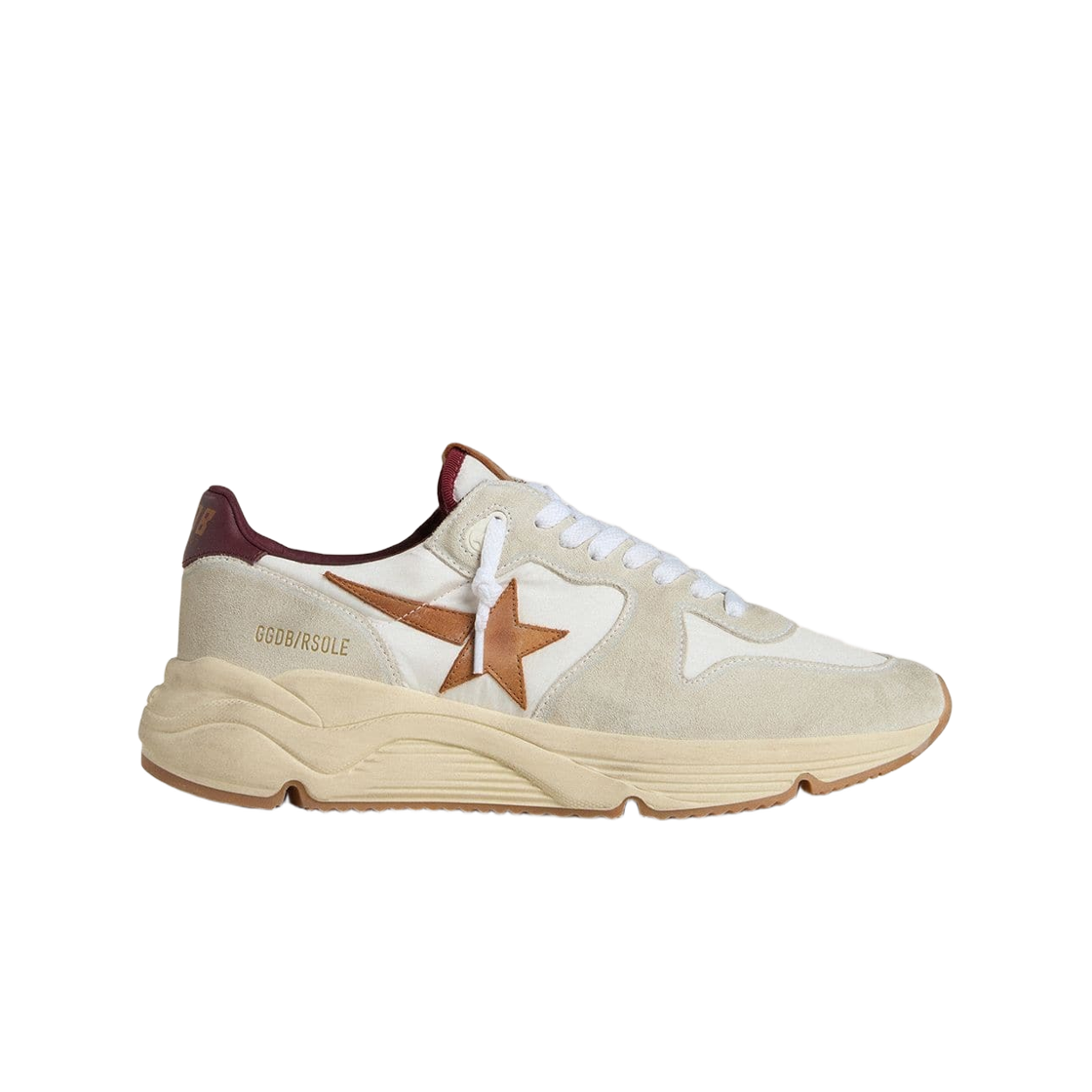 GMF00126-F007928-12360 Golden Goose Running Sole with Brown Leather Star Burgundy Leather Heel Tab Nylon Suede Sneakers White