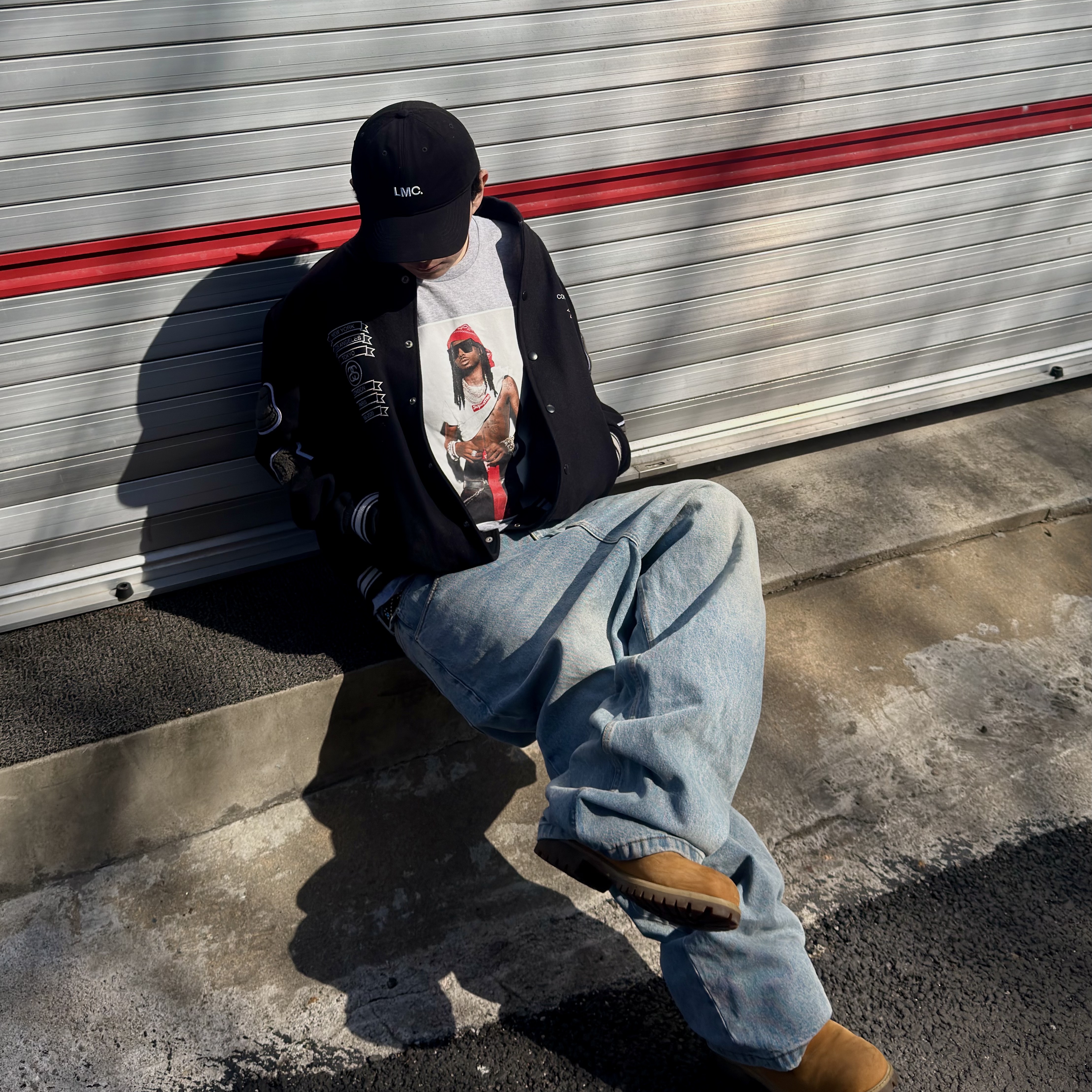 Stussy x CDG Varsity Jacket, Supreme Playboi Carti T-Shirt Heather Grey - 25FW 착용 스타일 - 2