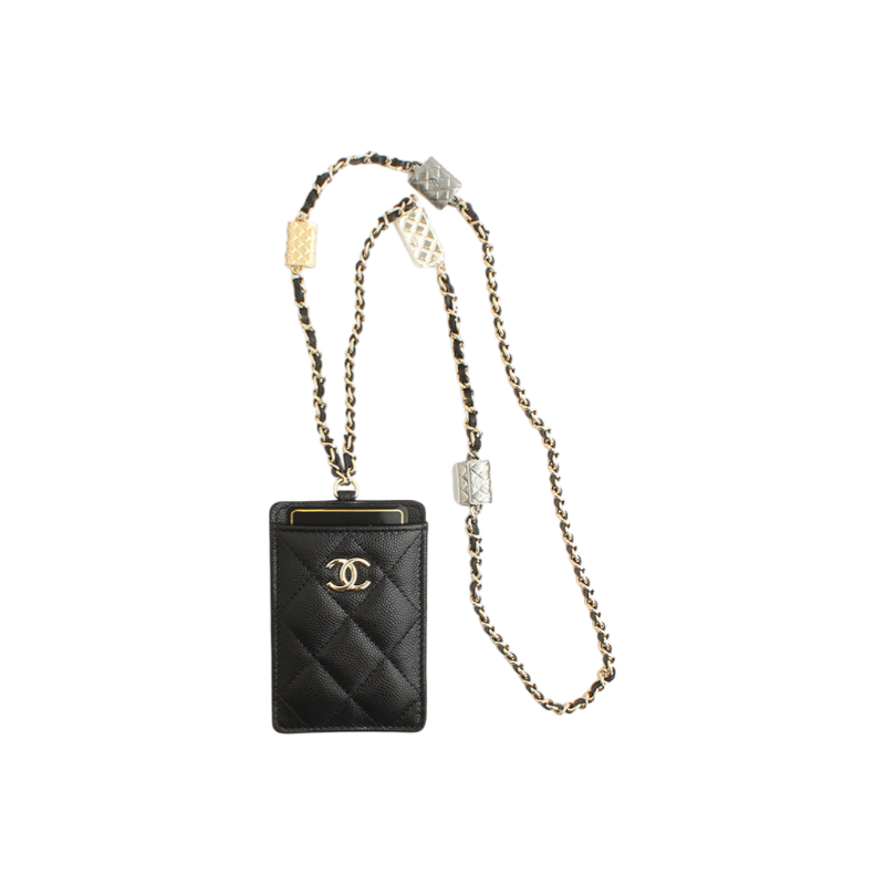 샤넬 블랙 캐비어 카드지갑 금장 참 목걸이(Chanel Black Caviar Card Holder with Gold Charm Necklace)