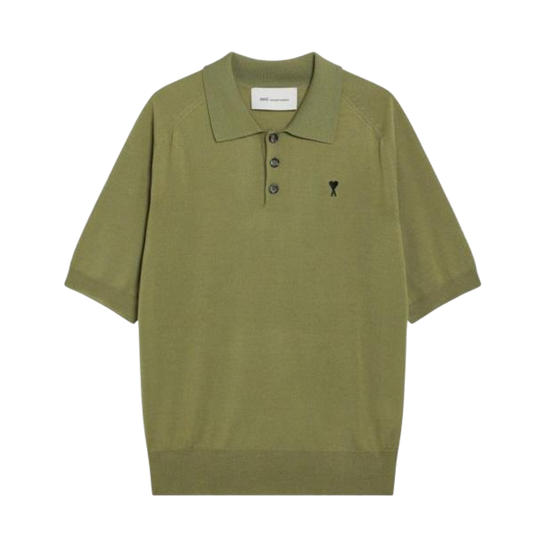 HPL438-KN0039-A091 AMI de Coeur Wool Short Sleeves Polo in Merino Knit Matcha Black