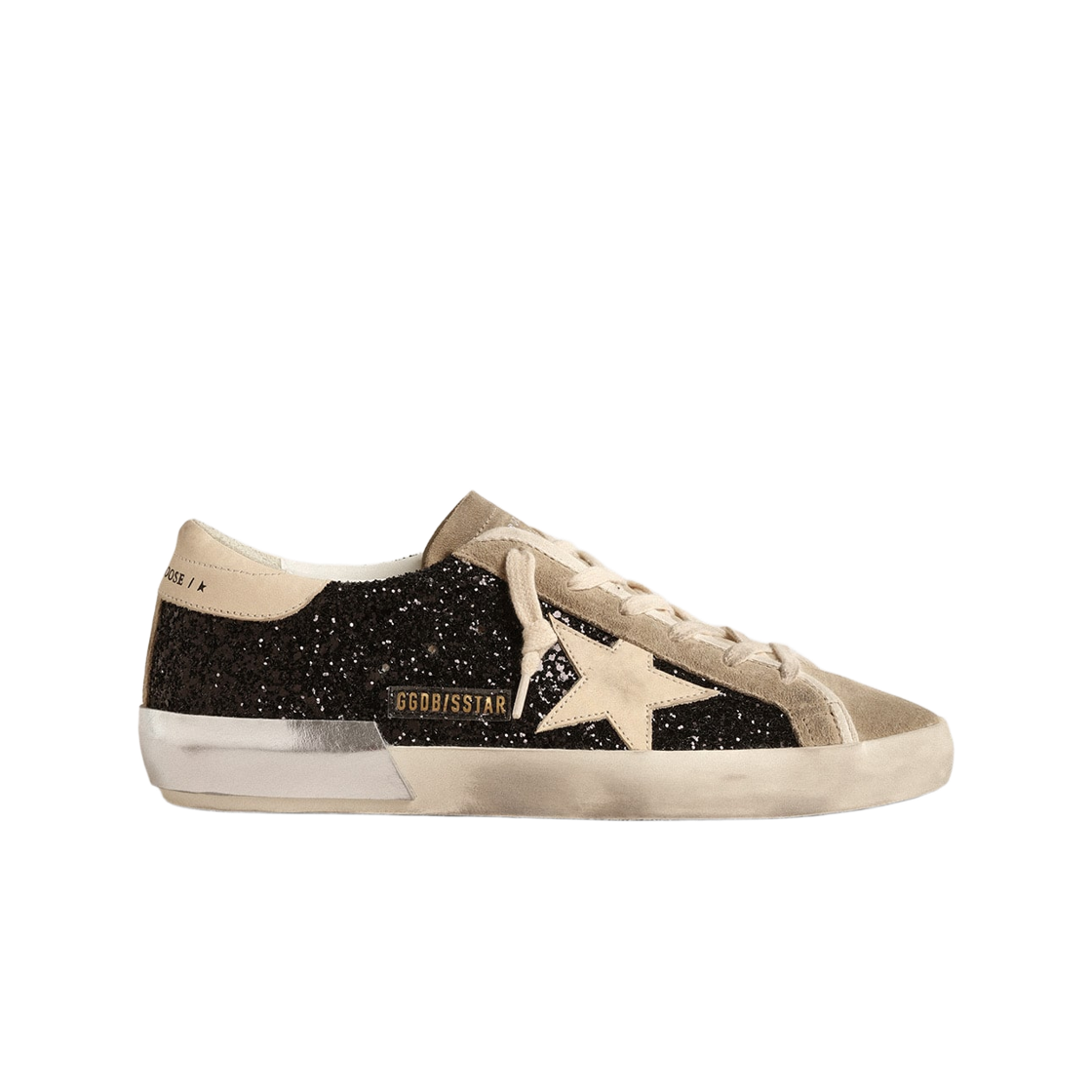GWF00587-F004683-90401 (W) Golden Goose Superstar Glitter Upper Dove Grey Suede Inserts Cream Leather Star and Heel Tab Sneakers Black