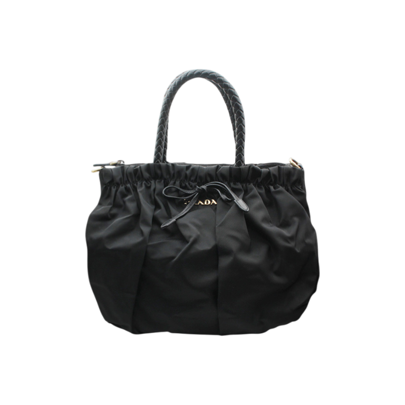 ITIQIOJVWB2J Prada Black Tessuto Ruched Tote & Shoulder Bag