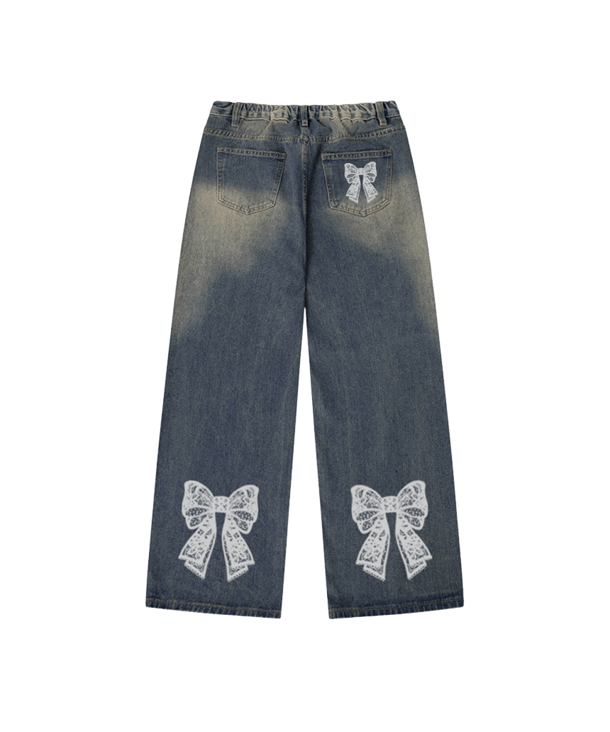 E261DP020VT Escapefrom Lace Ribbon Print Banded Washed Denim Pants Vintage