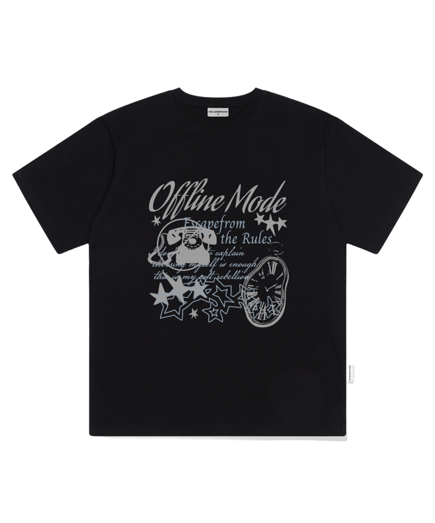 E261OTS023BK Escapefrom Offline Mode Print Oversized Short Sleeve T-Shirt Black